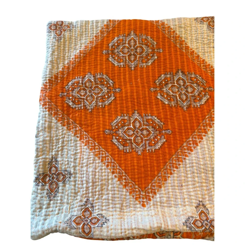 Kantha Pillow Cover Orange Cream Medallion Hand Stitched Boho 12x20